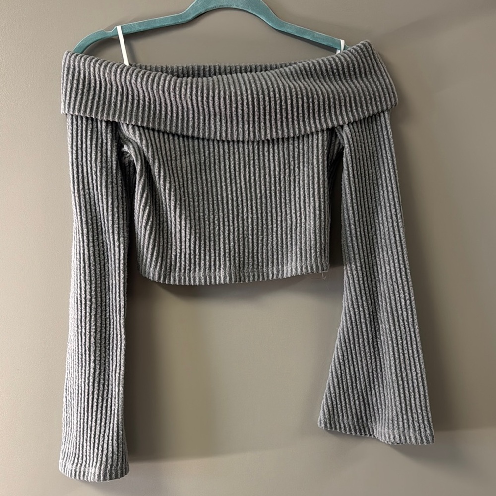 Gray Off-Shoulder Ribbed Sweater